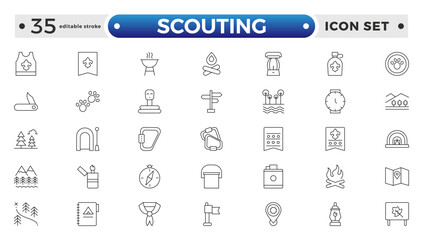 Scouting outline icons showing the equipment and activities for hiking, camping and outdoor education including fire, cooking, backpack, tent, canoe, compass, canteen. Editable stroke outline icon.

