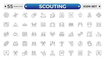 Scouting outline icons showing the equipment and activities for hiking, camping and outdoor education including fire, cooking, backpack, tent, canoe, compass, canteen. Editable stroke outline icon.
