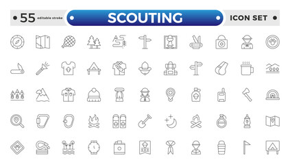 Scouting outline icons showing the equipment and activities for hiking, camping and outdoor education including fire, cooking, backpack, tent, canoe, compass, canteen. Editable stroke outline icon.
