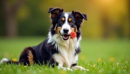 Border collie with flower bouquet in mouth, sitting, nature, outdoors