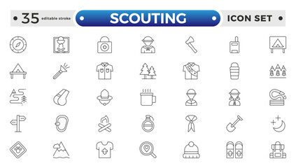 Scouting outline icons showing the equipment and activities for hiking, camping and outdoor education including fire, cooking, backpack, tent, canoe, compass, canteen. Editable stroke outline icon.
