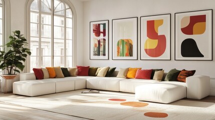 Modern living room with sectional sofa, colorful pillows, and abstract art.