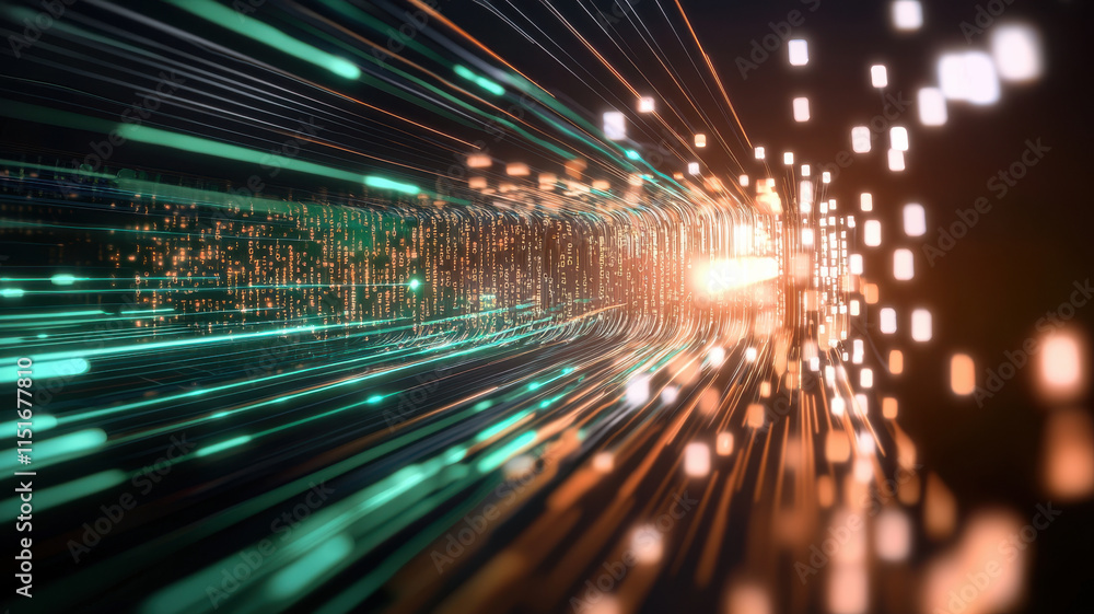 Poster vibrant digital matrix of glowing lines and data streams creates dynamic visual