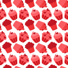 Seamless pattern with Red Valentine Day Cupcakes. Vector flat illustration.