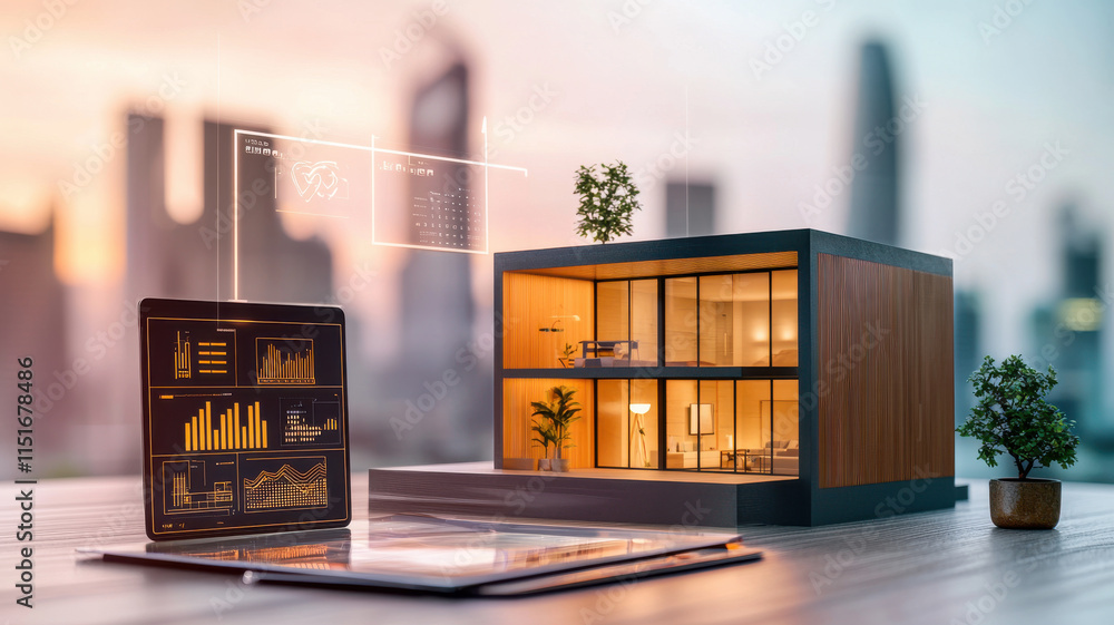Poster futuristic cube house with geometric patterns and digital interfaces