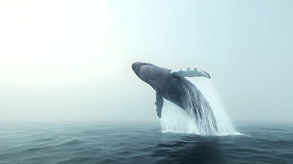 Fototapeta premium Majestic Humpback Whale Breaching in Misty Ocean
