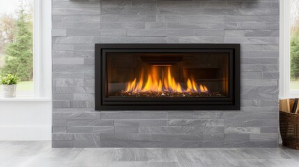 Fireplace and heat maintenance, A modern fireplace with a cozy flame, surrounded by sleek gray tiles, enhancing the warmth and ambiance of a stylish interior space.