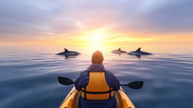 A kayaker observing a group of playful dolphins nearby, the calm ocean reflecting the morning sun