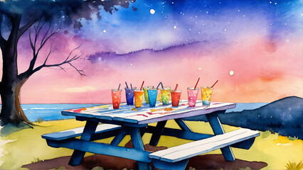 Post-holiday picnic scene with colorful drinks on a table against a beautiful sunset