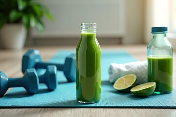 A thin clear plastic bottle filled with green juice on a yoga mat next to dumbbells, a towel and a water bottle with a minimalist label in bright lighting and a high energy atmosphere