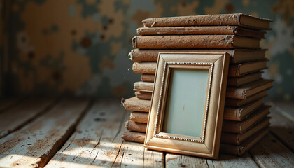 Vintage books and a delicate frame create a charming retro wedding atmosphere in a rustic setting
