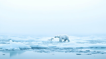 Naklejka premium Polar Bear and Cub on Melting Arctic Ice