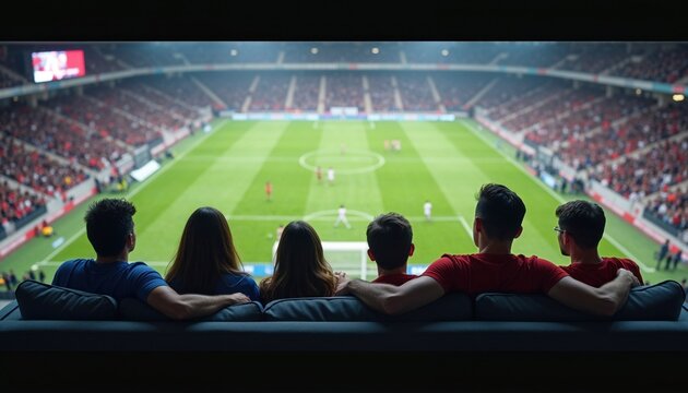 group of friends watches a live soccer match in a crowded stadium, immersed in the excitement and energy of the game, capturing sportsmanship, camaraderie, and passion