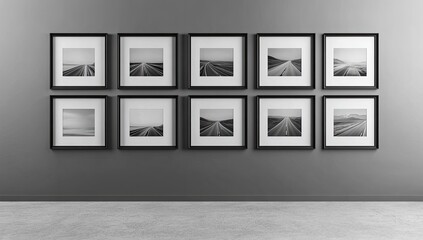 Gallery Wall with Abstract Black and White Photos in Black Frames.
