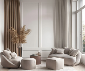 Aesthetic elegant minimalist modern interior design. Clear mock up empty wall for decoration in the apartment. Copy space in the room. Neutral palette of natural colors.