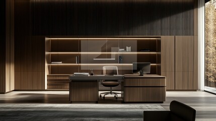 Modern minimalist home office with wooden desk and built-in shelves.