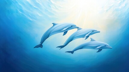 Fototapeta premium A pod of dolphins swimming gracefully underwater in a vibrant blue ocean