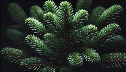 Close-Up of Lush Evergreen Pine Foliage on Dark Background