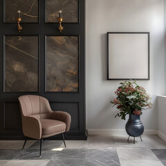 Aesthetic elegant minimalist modern interior design. Clear mock up empty wall for decoration in the apartment. Copy space in the room. Neutral palette of natural colors.