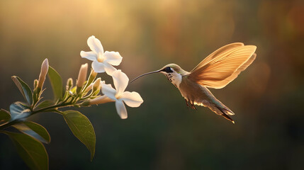Naklejka premium Hummingbird in Flight, Golden Hour, White Flowers, Nature Photography
