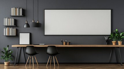 Modern minimalist home office workspace with dark walls, wooden desk, and blank canvases.