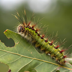 Naklejka premium The Lappet moth caterpillar is a distinctive, brightly colored insect with tufts of hair,