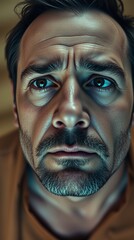 Close-up portrait of a man with a serious expression. His face shows deep lines and a hint of worry. The lighting is moody and dramatic, highlighting the texture of his skin and beard.