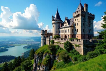 High castle keep with battlemented roof and narrow windows, fortress , gothic architecture