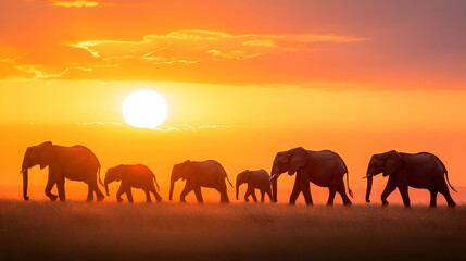 Fototapeta premium Majestic Elephants at Sunset in African Savanna