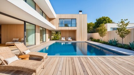 A luxurious modern outdoor space featuring a rectangular swimming pool, wooden deck, and minimalist two-story building. 