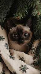 A Siamese cat is sitting under the Christmas tree, next to it there's an empty snowflake-patterned beige blanket with white edges.