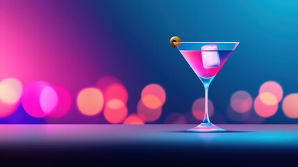 Vibrant Cocktail with Ice and Olive on a Colorful Background