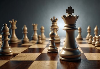 3d animation, chess game battle, white king chess piece jumps down, aggressive attack, all pawns fall down. Successful strategy, champion metaphor, leadership concept