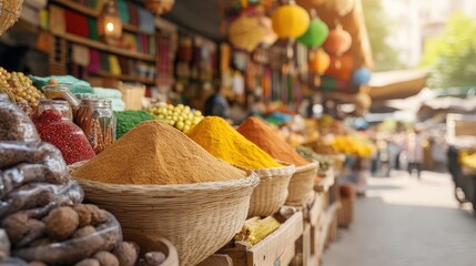 Fototapeta premium Vibrant Spice Market with Colorful Spices and Ingredients in Bustling Outdoor Marketplace Setting