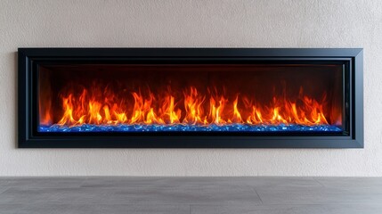 Fireplace and heat maintenance, A sleek, modern electric fireplace showcases vibrant flames and blue accents, offering a cozy ambiance for contemporary interiors.