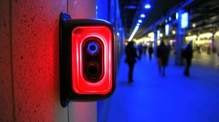 Red illuminated pedestrian button in a tunnel. Blurred background of commuters and blue lighting..