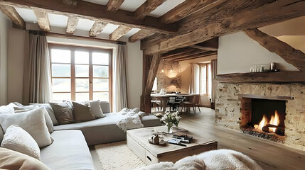 Rustic Living Room with Wooden Beams and Stone Fireplace