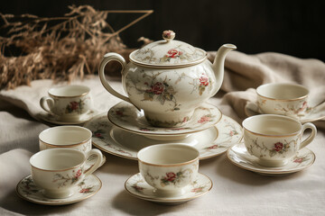 Fototapeta premium Vintage floral tea set on rustic linen fabric