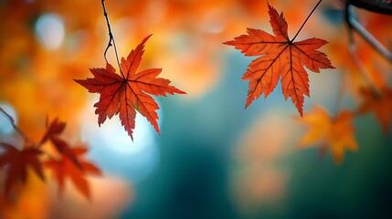 Two Vibrant Red Maple Leaves Against a Blurred Autumn Background