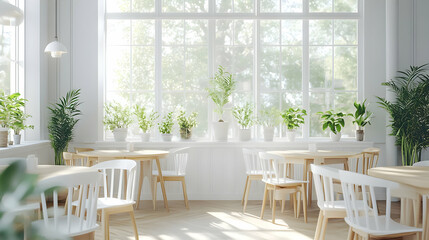Obraz premium Bright and Airy Cafe Interior Design with White Chairs and Natural Light