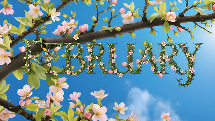 February, Word February Made with Tree Branches and Leaves, Generative Ai