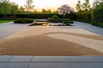 Obraz premium Serene garden with raked sand and tranquil water features.
