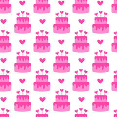 Seamless pattern with Pink Valentine Day Cake and heart. Vector flat illustration.