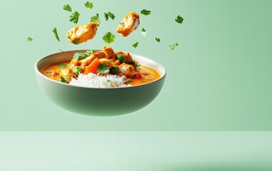 A tender chicken curry bowl floating mid-air with rice and cilantro, on a light green background