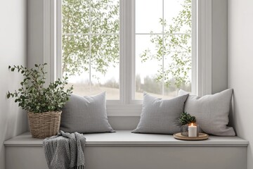 A bathroom with white walls, a basket of autumn-colored towels and candles on the window sill