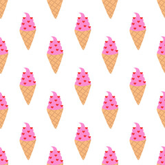 Seamless Pattern. Ice cream in waffle cone with heart. Valentine day sweet food. Vector flat illustration.