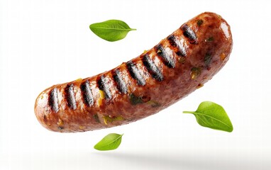 A vegan sausage floating mid-air with plant-based ingredients and grill marks, on a white background