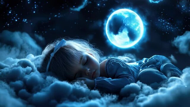 Cute baby girl sleeping in the clouds, star and moon eclipse in the background. Blue color and soft lighting.The concept of sleep and dreaming.