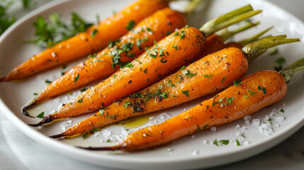 Delicious roasted carrots with olive oil and salt on a plate