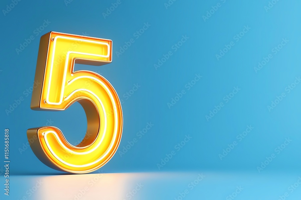 Poster golden 3d number five illuminated in neon light against a vibrant blue background, offering a modern